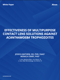 Effectiveness of Multipurpose Contact Lens Solutions Against Acanthamoeba TrophozoitesKEY TAKEAWAY POINTS • Acanthamoeba keratitis (AK) can cause devastating damage to the eye and permanent vision loss • Most cases of AK occur in contact lens wearers and exposure of lenses to water has been identified as a key risk factor • OPTI-FREE® PureMoist® showed superior antimicrobial activity against two common strains of Acanthamoeba trophozoites (ATCC 30461 and ATCC 50370) compared to Biotrue, Acuvue RevitaLens an